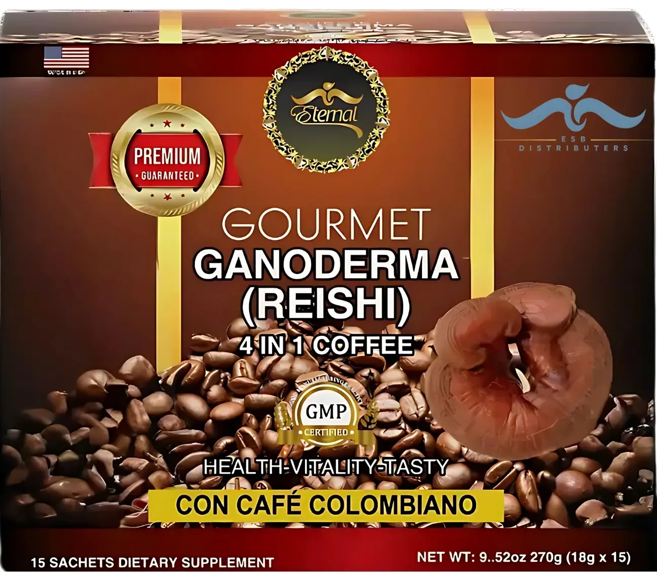 Eternal Colombian Coffee with Ganoderma (Reishi) – 4 in 1 Beverage with Sugar and Non-Dairy Creamer, 15 Sachets