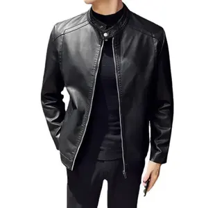 Men's Casual Stand-Up Collar Faux Leather Jacket Motorcycle Riding Coat with Zipper Pockets & Straight Hem in Black Corduroy