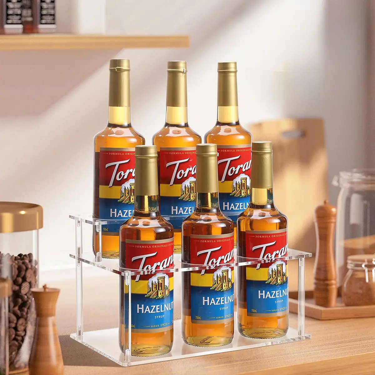 Transparent Clear Acrylic Sturdy Syrup Rack, 6 Bottle Capacity, Ideal for Coffee Bars, Kitchens, Home Bar, Wine & Condiments Storage