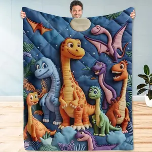Colorful Dinosaur Cartoon Flannel Blanket, Fluffy Blanket, Deep Blue Night Background, 3D Style, Polyester, All Seasons, Multi-Use, Perfect Gift