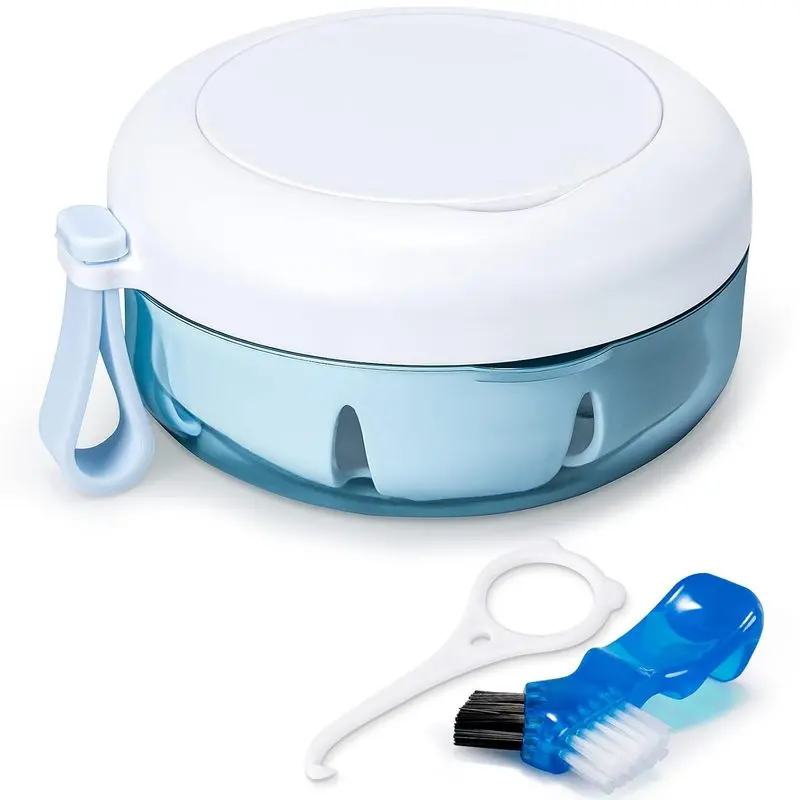 OB05 Leak Denture Cup Kit Retainer Case Perfect for Travel, Denture Case Container Care for Dentures Aligner Mouth Guard with Denture Brush,Strainer, Removal Tool and Mirror