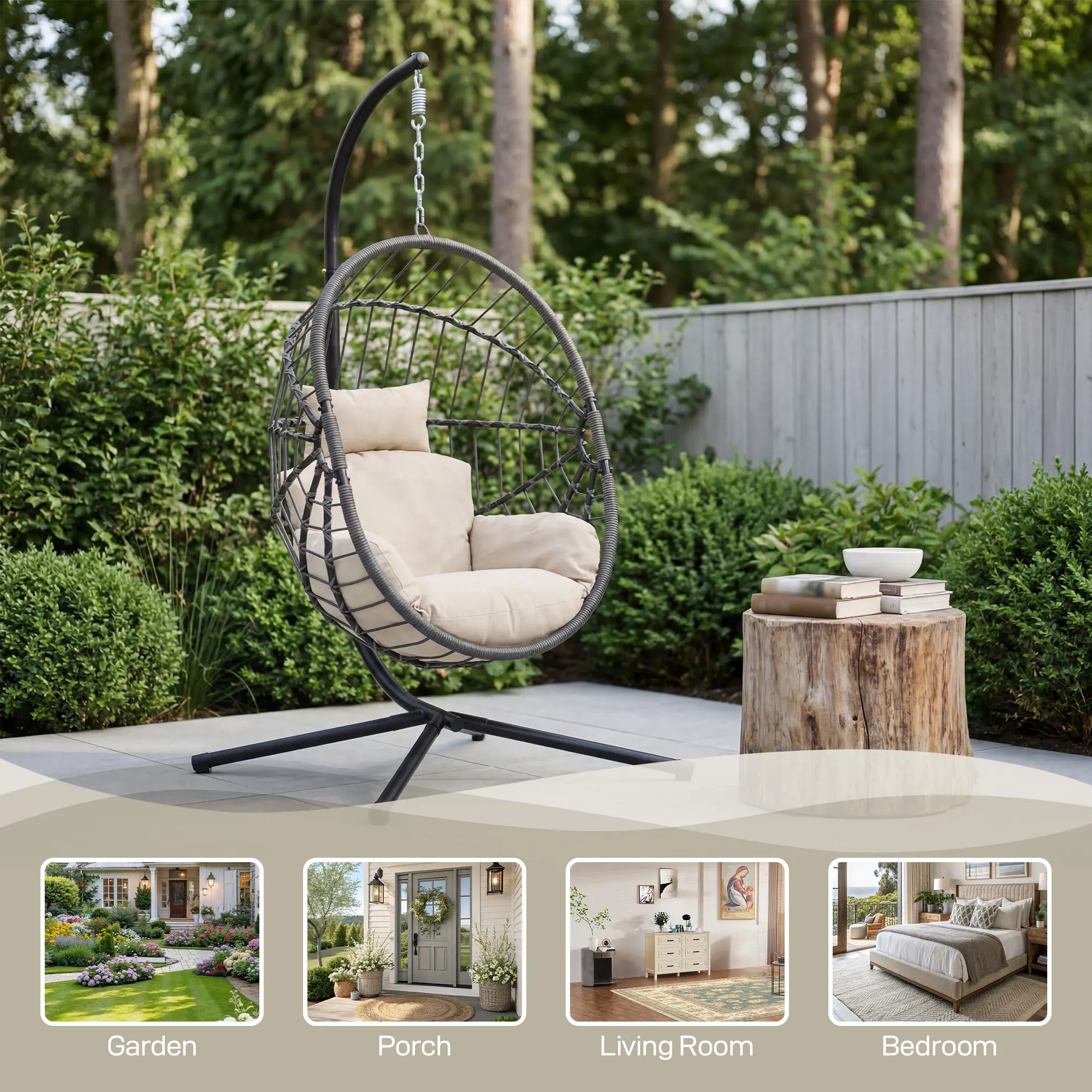 Summervibes Comfortable & Chic Indoor/Outdoor Swing Egg Chair with Stand | UV-Resistant Wicker Hanging Egg Chair with Soft Cushion | 350LBS Capacity for Patio, Backyard & Balcony,