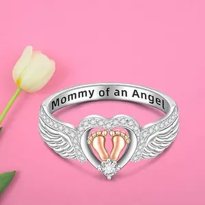 Women's Elegant Heart Design Angel Ring, Angel Wing & Footprint Accent with Inscription, Thoughtful Fashion Costume Jewelry for Daily Wear Gift