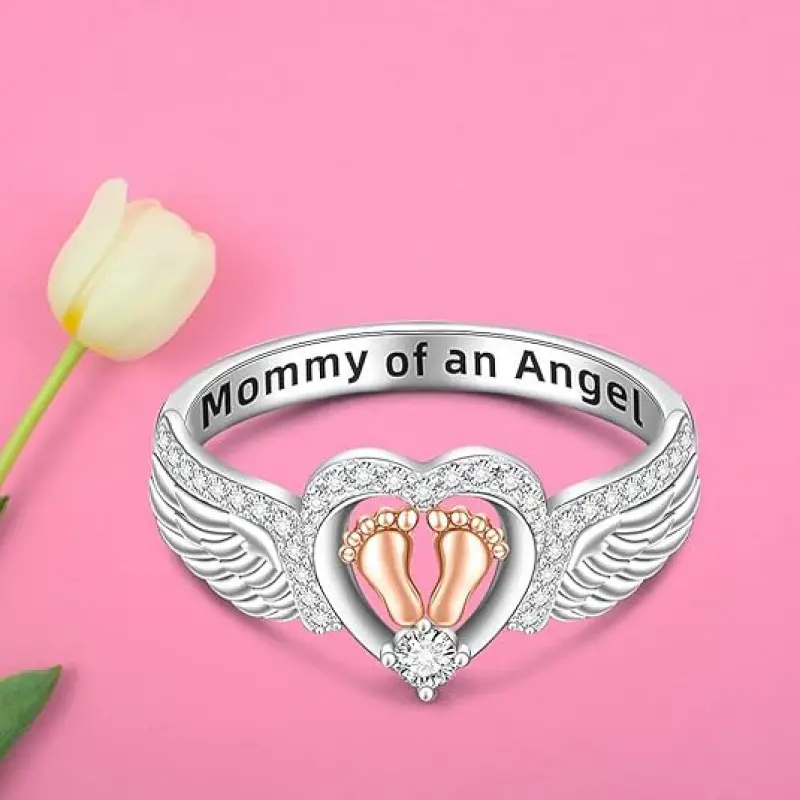 Elegant Angel Wing Ring with Heart Footprint Design, Mommy of an Angel Memorial Jewelry, Versatile Gift for Women, Elegant Design, Angel Wing Motif Rings