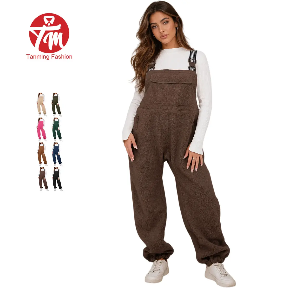 Tanming Women's Warm Sherpa Fleece Overalls, Casual Loose Winter Bib Jumpsuit with Adjustable Straps and Zipper Pockets, Front Pouch