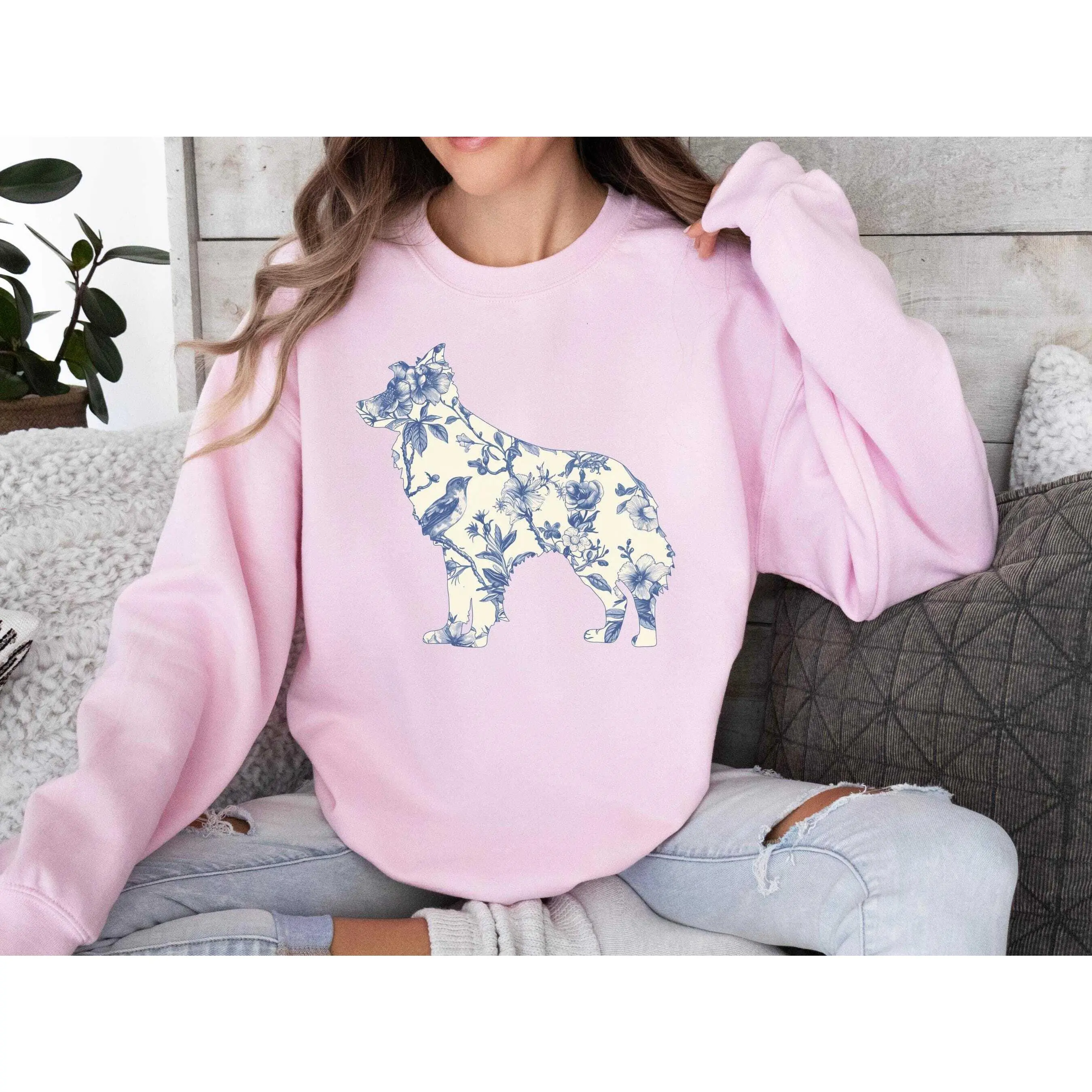 Australian Shepherd Blue Toile de Jouy Short Sleeve T-Shirt / Sweatshirt / Hoodie  , Aussie Floral tee, Dog Mom Wildflower Shirt, Cottagecore Shirt, Gift for Dog Lover