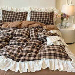 Vintage Plaid Print Korean Ruffled Bedding Set, Includes 1 Duvet Cover + 2 Pillowcases, Girls Room Decor, Single Twin Double Queen Size Comforter Cover set, Decorative Bedding Set