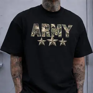 Army Camo Stars T-Shirt, Military Style Graphic Tee, Camouflage ARMY Letter Print Shirt, Patriotic Streetwear Top, Unisex Short Sleeve Casual Gift