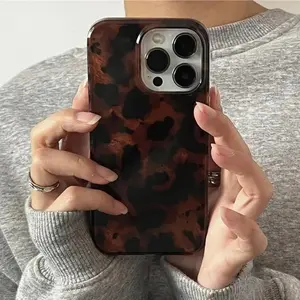 Retro Amber Texture Laser Protective Phone Case For iPhone 17 16 Pro Max 15 14 13 12 11 XS XR 7 8 Plus 16E Stylish Leopard Print Soft Cover Casing