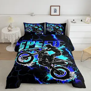 Feelyou Dirt Bike Pattern Microfiber Bedding Set - Extreme Sports Theme Comforter, Racing Motocross Quilt, Motorcycle Duvet for Bedroom Decor
