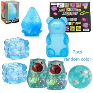 Blue series 7-piece boxed set, Squishies, Anti stress kit, Sensory stress reliever, made of soft TPR material, designed for stress relief, each has a rare random style gummy, suitable for graduation, children's gifts