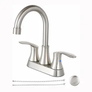 4 Inch Centerset Bathroom Faucet, Brushed Nickel Bathroom Faucets for Sink 3 Hole, Lead-Free 2 Handle RV Bath Vanity Faucet with Pop-up Drain and Supply Lines