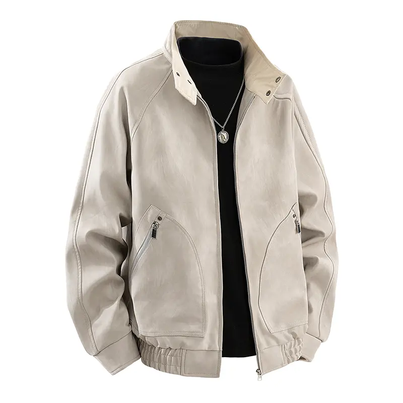 Men's Beige Faux Leather Stand Collar Jacket, Retro Casual Zipper Pocket Bomber Style Coat