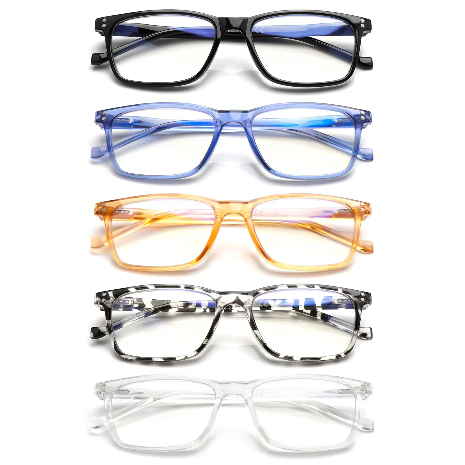 5-Pair Unisex Reading Glasses with Blue Light Protection Rectangular full-rim design with spring hinges Stylish teacher-inspired style Premium blue light blocking lenses Block harmful blue light Relieves eye strain Ideal for reading and computer work
