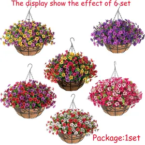 Artificial Faux Hanging Plants Flowers Basket for Summer Outdoor Outside Decoration, Fake Silk UV Sun Resistant Look Real Colorful Daisy Eucalyptus, Artificial Flower Arrangements for Porch Home Patio Balcony Yard, Artificial Hanging Baskets