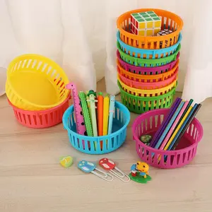 6pcs Colorful Round Pencil Baskets - 6.1" X 2.4" Plastic Storage Containers For Crayons & Pencils, Ideal For Classroom Organization And Office Desk Drawer