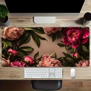 Extra Large Floral Office Mouse Pad, Stitched Edge Design, Non-Sponge Rubber Base, High-Definition Peony Pattern, Durable Keyboard & Gaming Mat, Desktop Accessory