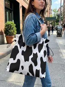 Cow Pattern 2D Printed Drawstring Tote Bag, Mom Tote Bag, Casual Tote Bag, Large Capacity Shopping Bag, Durable and Wear-Resistant, Suitable for Work, Shopping, Picnic