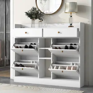 Modern Tipping Bucket Shoe Cabinet with 4 Flip Drawers, Multifunctional 2-Tier Shoe Storage Organizer with Drawers, Free Standing Shoe Rack for Entrance Hallway, White,Space-Saving Shoe Rack for Sneaker Boot Container,Thicken and reinforce,for Entryway
