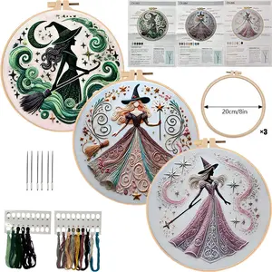 Beginner-Friendly Halloween Witch Motif Embroidery DIY Kit - Embroidery Designs, Synthetic Threads, Sewing Materials, English Guide, Handmade Home Craft Art Project Gift (Fashion Accessory Set)