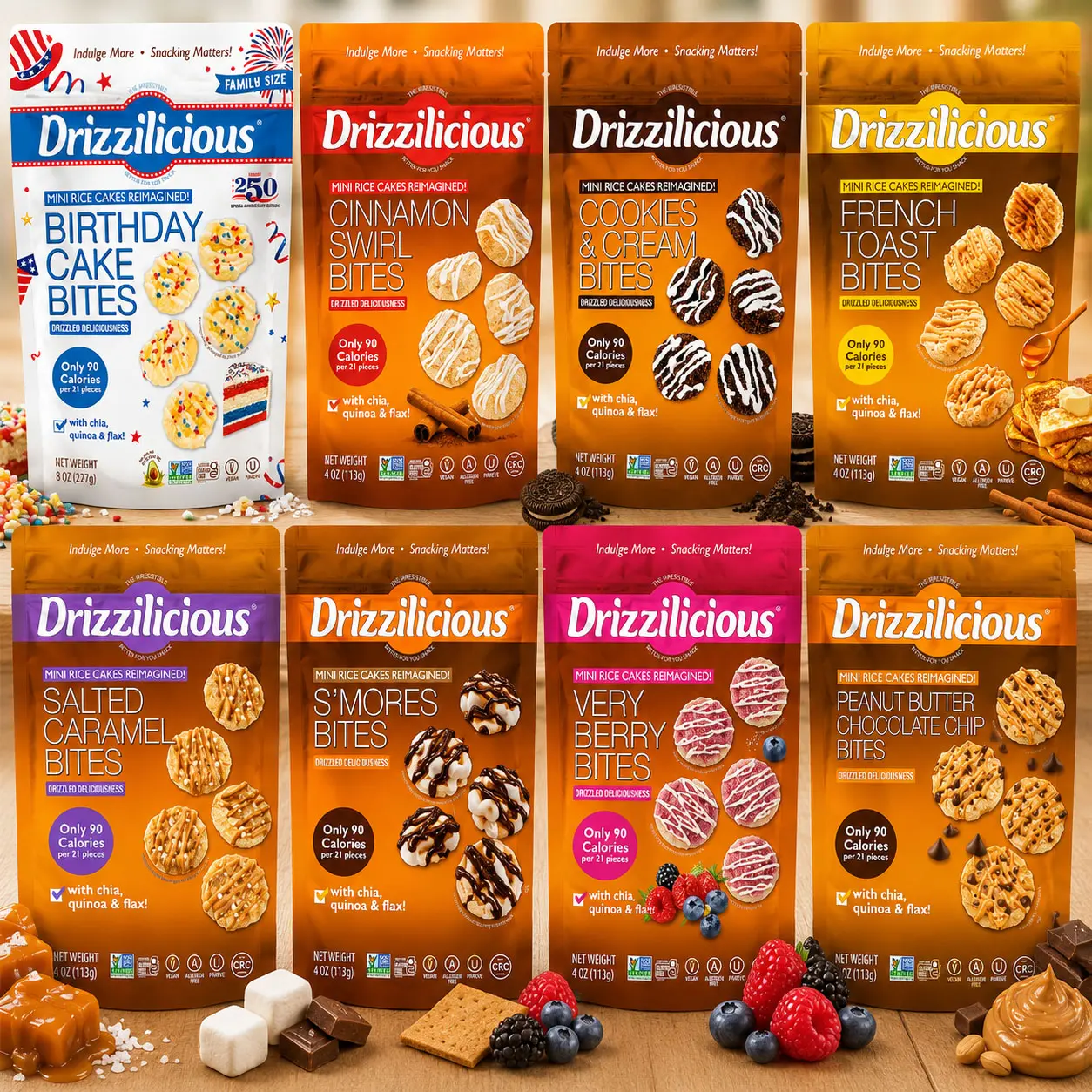 Drizzilicious Mini Flavored Rice Cakes Birthday Cake - Rice Crisps, Healthy Snack for Adults and Kids, Vegan, Gluten Free Snack, Allergen Free, Only 90 Calories Per 21 Pieces - 4 oz (Pack of 1)