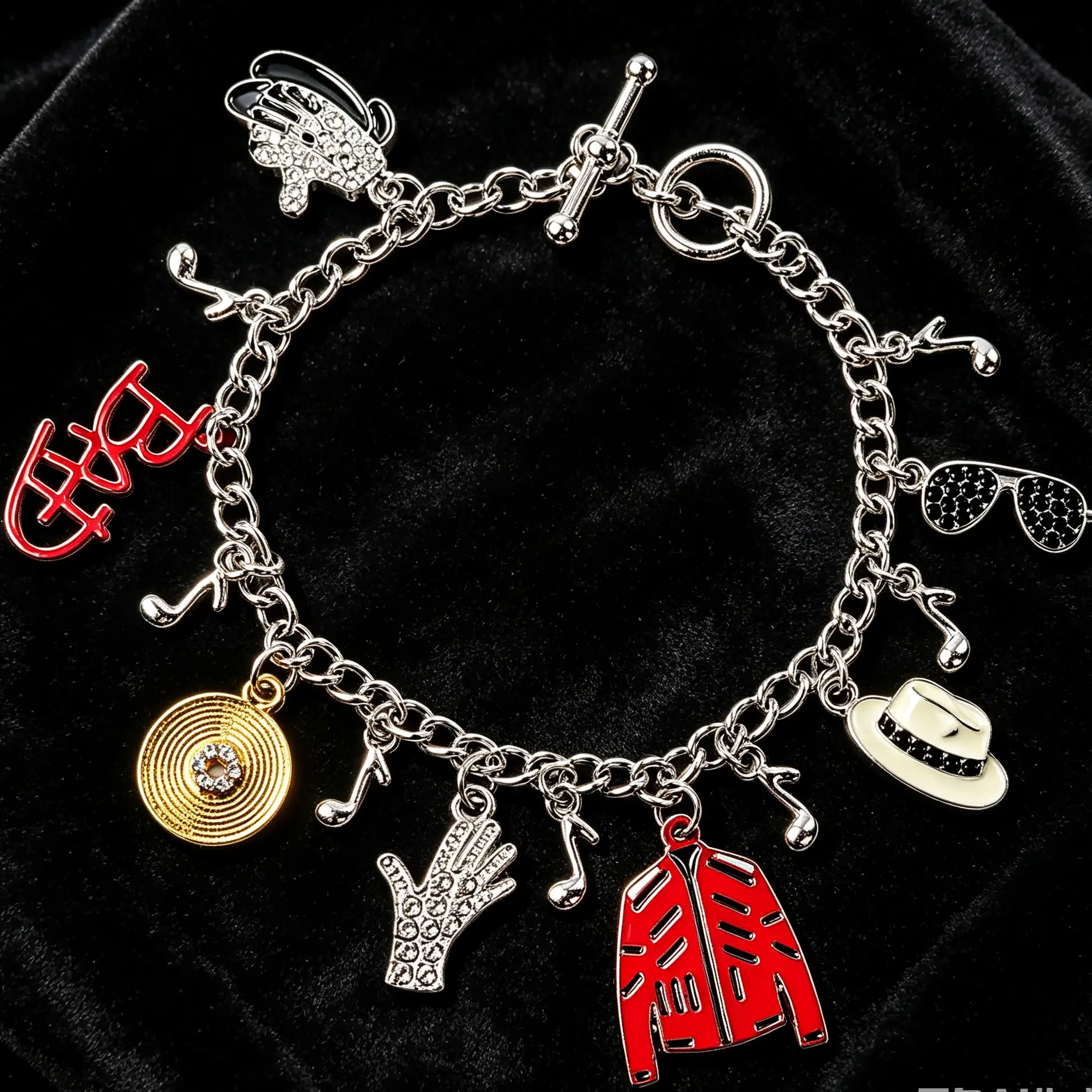 Premium MJ Inspired Charm Bracelet Set | King of Pop Collectible Jewelry with Gold Record, Red Jacket & Musical Note Charms | High-Quality Silver Friendship Link Chain Bracelet for Fans | Meaningful Birthday, Christmas & Anniversary Gifts for Her Him