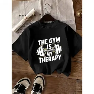 Unisex Gym Motivation Graphic T-Shirt - Fitted Short-Sleeve Round Neck Workout Top with Barbell Design, Casual Sports Clothes for Outdoor Fitness, Tshirt