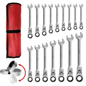 16PCS Flex-Head Ratcheting Wrench Set, Combination Wrench Set, Metric 6-24mm, 72-Tooth, CR-V Steel, with Rolling Pouch