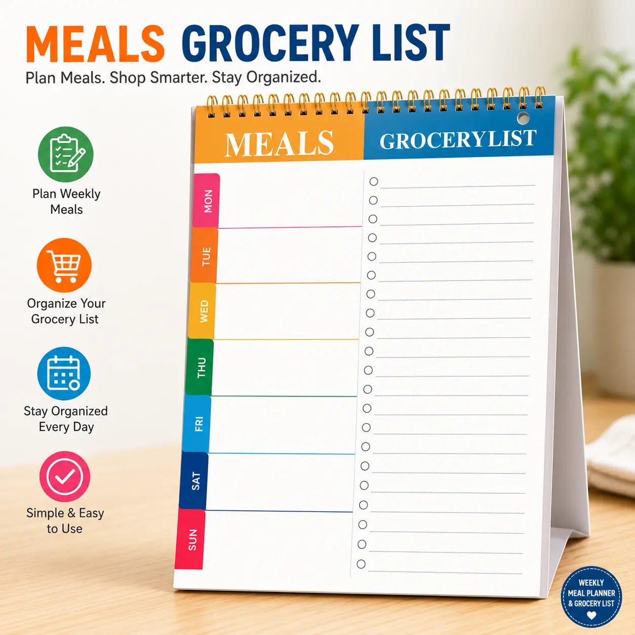 Weekly Meal Planner Notepad with Grocery List Tear-Off Pad, 90 Sheets Meal Prep Planner, Weekly Food Menu Organizer, Kitchen Planning Notebook for Healthy Eating & Shopping List
