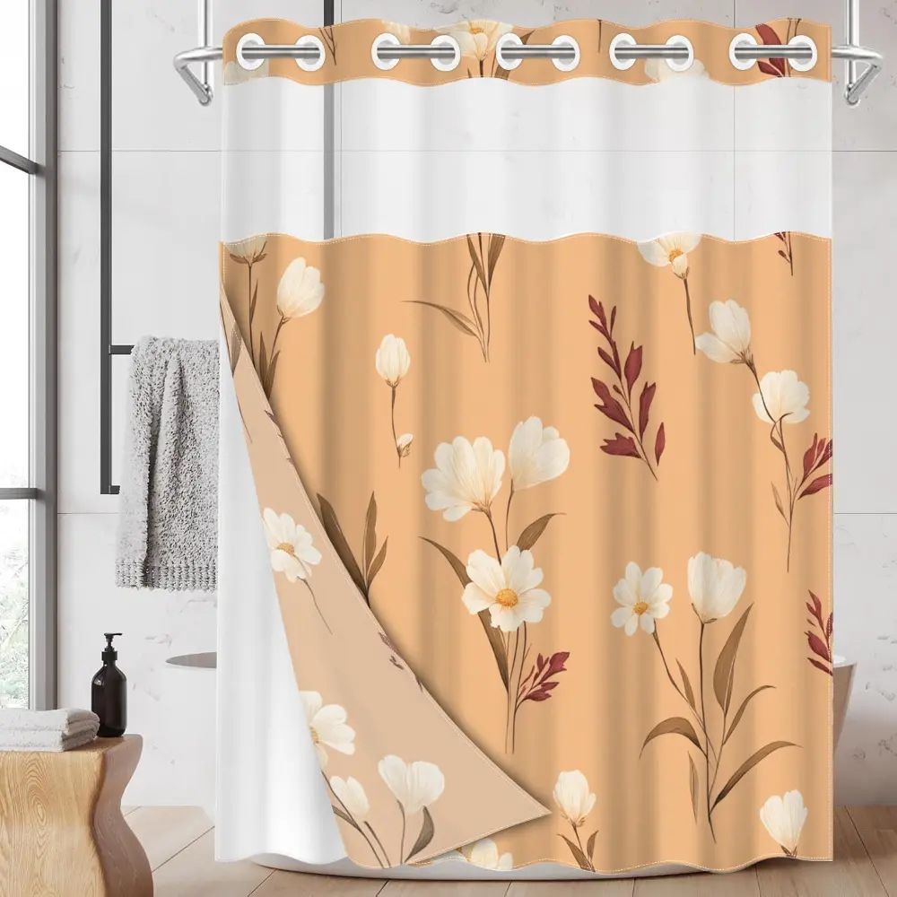 1pc hookless shower curtain, Aesthetic Shower Curtain, with buckle lining, spring pink and white floral and leaf design, 2D flat printing, fabric waterproof lining, see-through double-layer, 71 x 74 inches, modern home curtain, Shower Curtain Liner