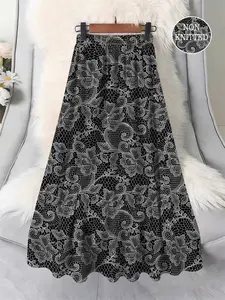 Plus Size Womenswear Vintage High Waist Long Skirt, Plant & Fern Pattern, Loose-Fitting, All over Print, Casual Chic Spring & Fall Fashion, Bottoms