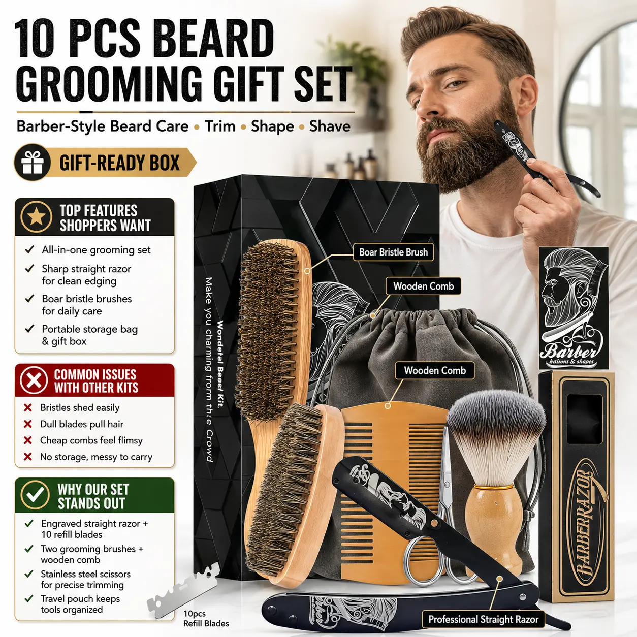 Beard Kit for Men - Beard Grooming Kit with Brush Comb Scissors Razor, Shaving brush and Travel Bag