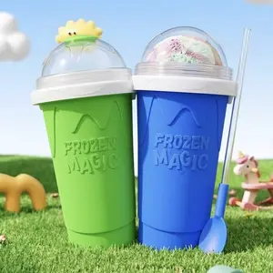 Double-Layer Reusable Slushie Tumbler Cup, Quick-Freeze Kitchen Utensil with Detachable Lid & Straw, Washable Beverage Maker for Homemade Slushies & Ice Cream, Portable Pour Drinkware (Blue/Green) Family Birthday Gift