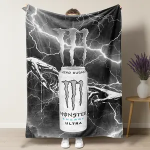 Monster Energy Ultra Throw Blanket,Black & White Lightning & Zombie Hands Print,Soft Flannel Blanket for Gamers,Perfect Gift for Monster Energy Fans,Cozy Soft Throw for Bedroom & Gaming Setup