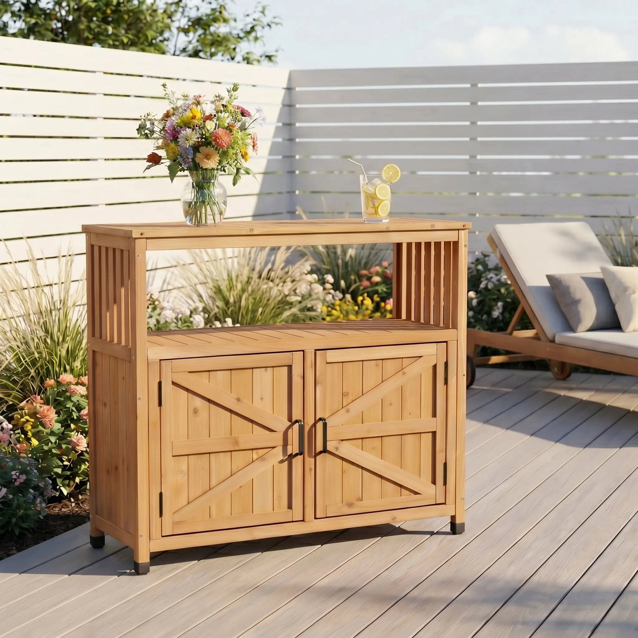 Wooden Patio Bar Table Set with Storage, Buffet Cabinet Sideboard for Outdoor and Indoor