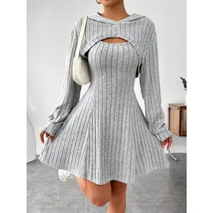 Fashionable Short Top And Dress Two-Piece Set with Ribbed Texture for Women