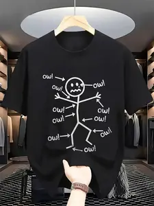 Men's Vintage-Inspired Cotton T-Shirt with Ouch Stick Figure Design_, Short Sleeve Top for Daily Activities, Crew Neck, Drop Shoulder, Short Sleeve - Versatile & Comfortable for Casual Outings, Parties, Beach & Sports, Outdoor Clothing | All-Season Casual