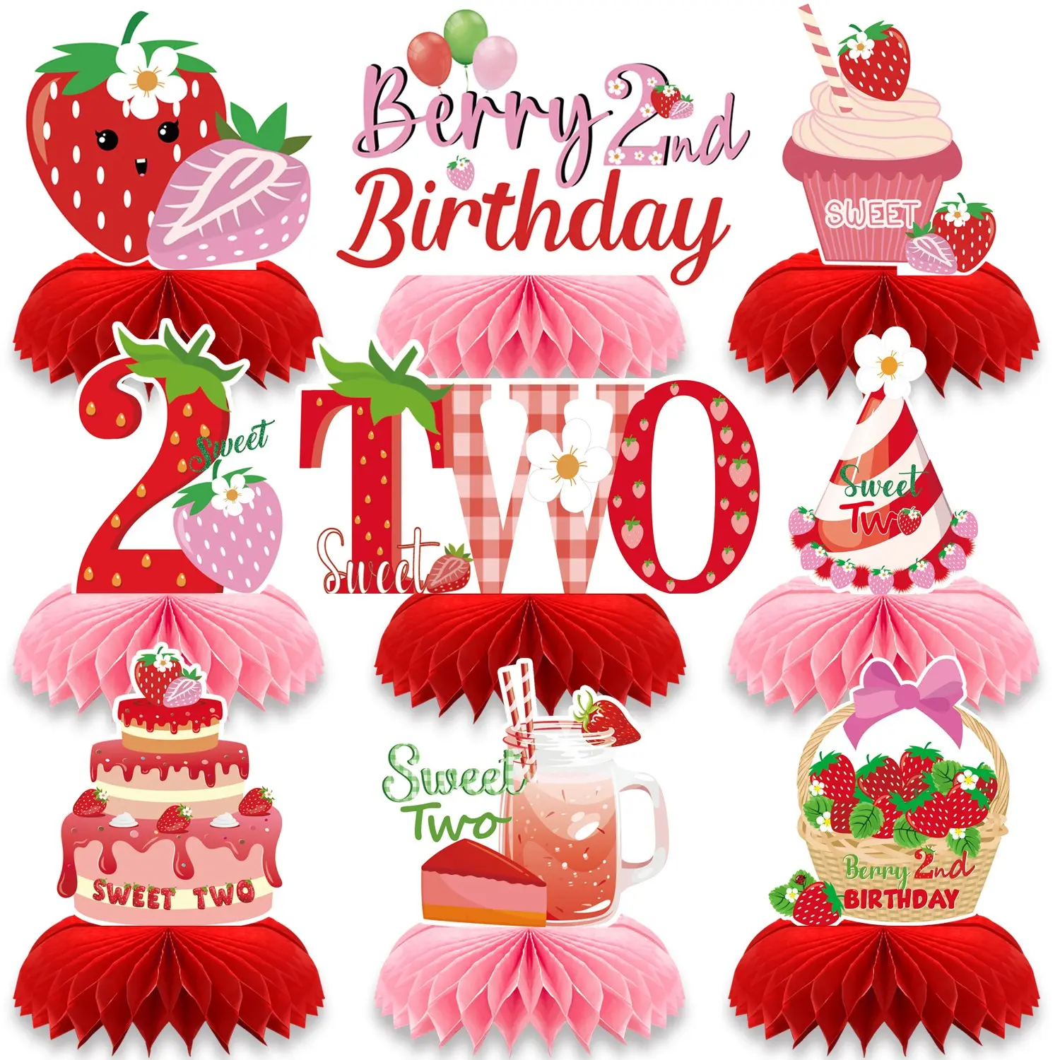 9Pcs Strawberry Birthday Decorations 3D Honeycomb Centerpiece Table Decorations for TWO, Home Party Decorations Birthday Party Decorations TWO Year Old 2nd Theme Party Baby Shower Birthday Party Supplies Set Table Centerpieces