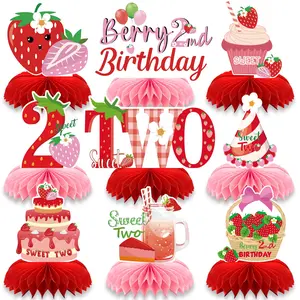 9Pcs Strawberry Birthday Decorations 3D Honeycomb Centerpiece Table Decorations for TWO, Birthday Party Decorations TWO Year Old 2nd Theme Party Baby Shower Birthday Party Supplies Set