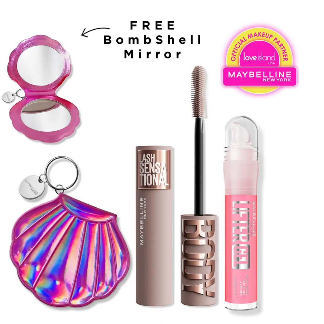 Exclusive Love Island Lash & Lip Duo - Blackest Black Body Mascara, Lifter Gel, with Free Bombshell Mirror, Maybelline New York