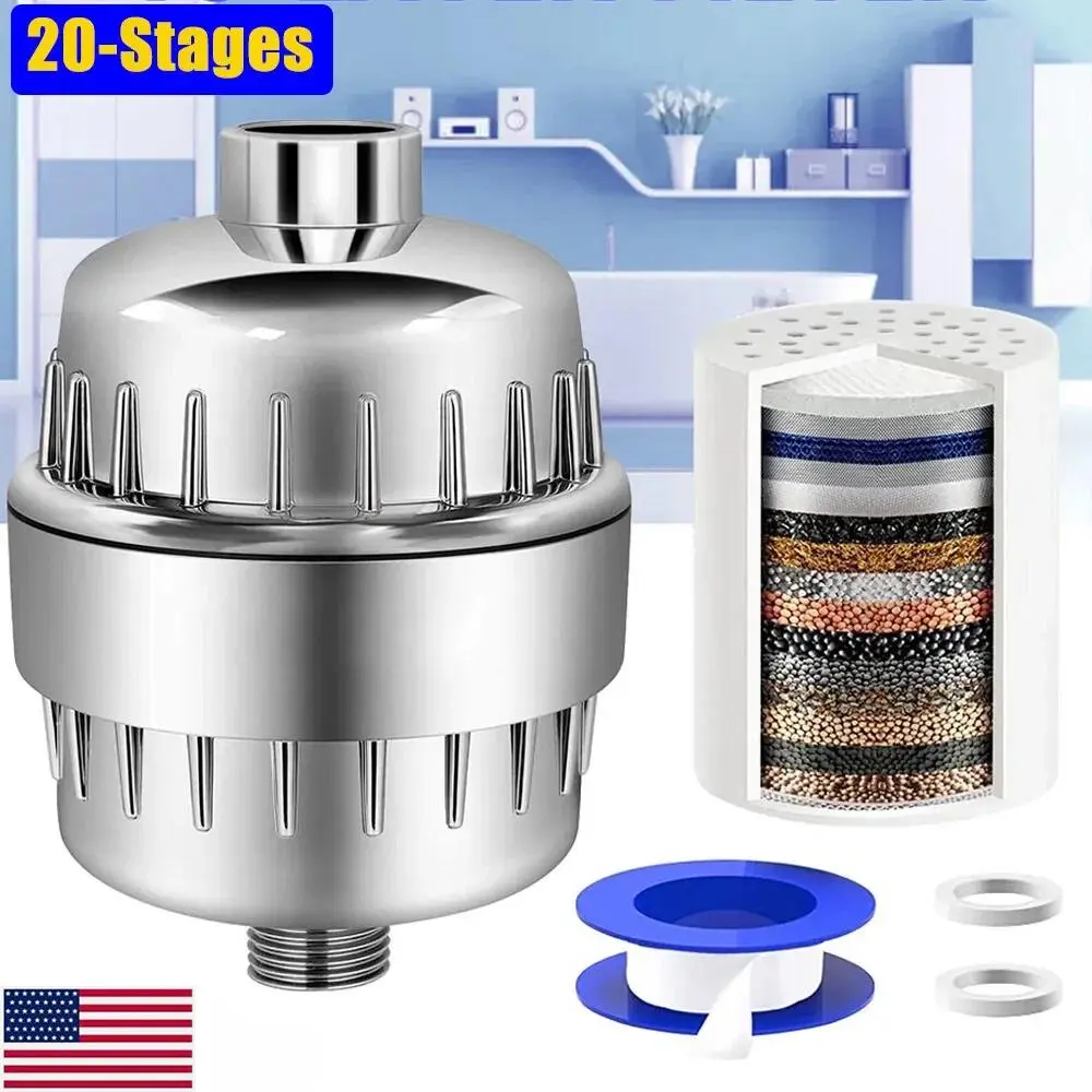 Universal 20 Stage Shower Water Filter for Hard Water Softening, pH Balance & Chlorine Odor Reduction, Tool-Free Installation, Improves Dry Skin Frizzy Hair & Brittle Nails for Daily Bath Care
