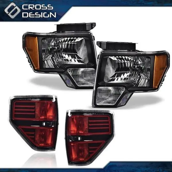 CROSSDESIGN Replacement Black Headlights & Red Tail Lights Set, Automotive Car Accessories, Compatible with 2009-2014 Ford F-150 Pickup Truck
