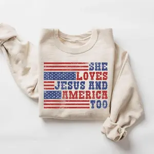 She Loves Jesus and America Too Sweatshirt – Patriotic USA Crewneck, 4th of July Outfit