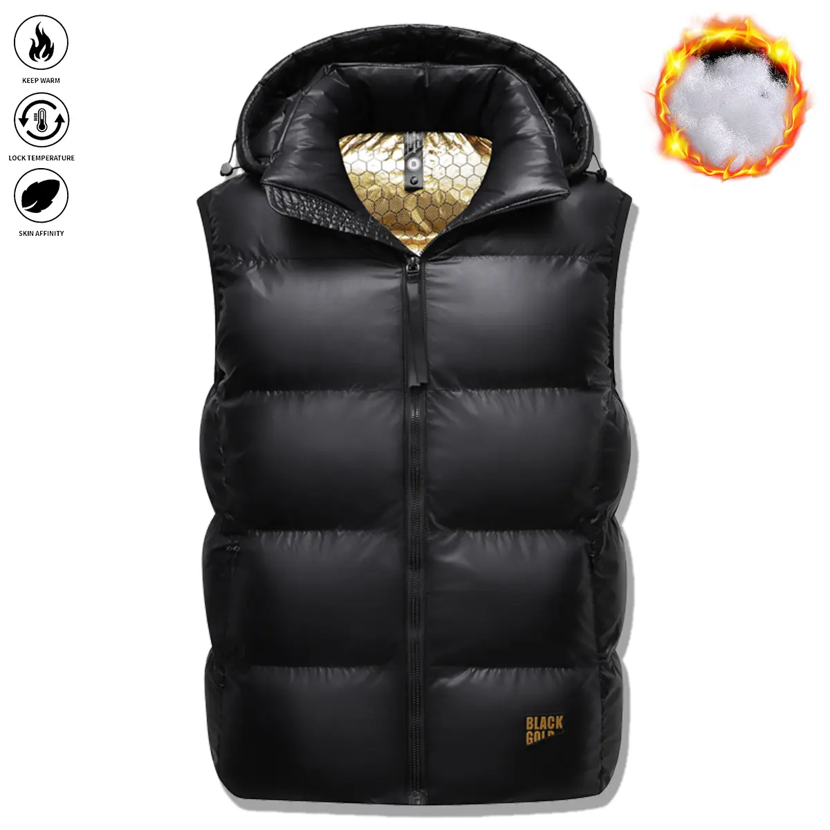 Men's Sleeveless Puffer Waistcoat with Detachable Hood, Warm Windproof Nylon Activewear for Winter Casual & New Year Occasions, None