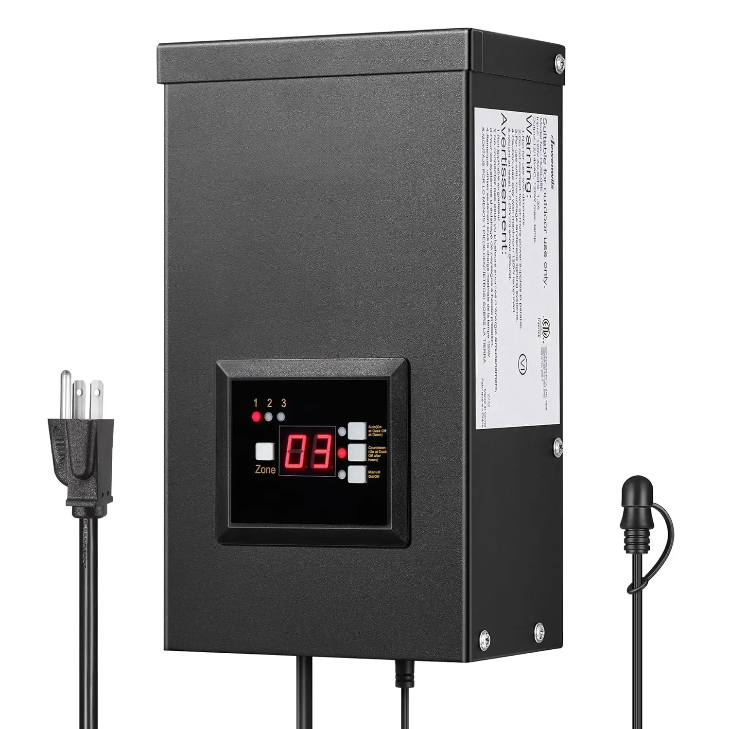 300W Low  Transformer with 3 Independent Control Outputs, Landscape Transformer with Timer and Photocell Sensor, 120V AC to 12V/14V AC, Weatherproof, ETL Listed