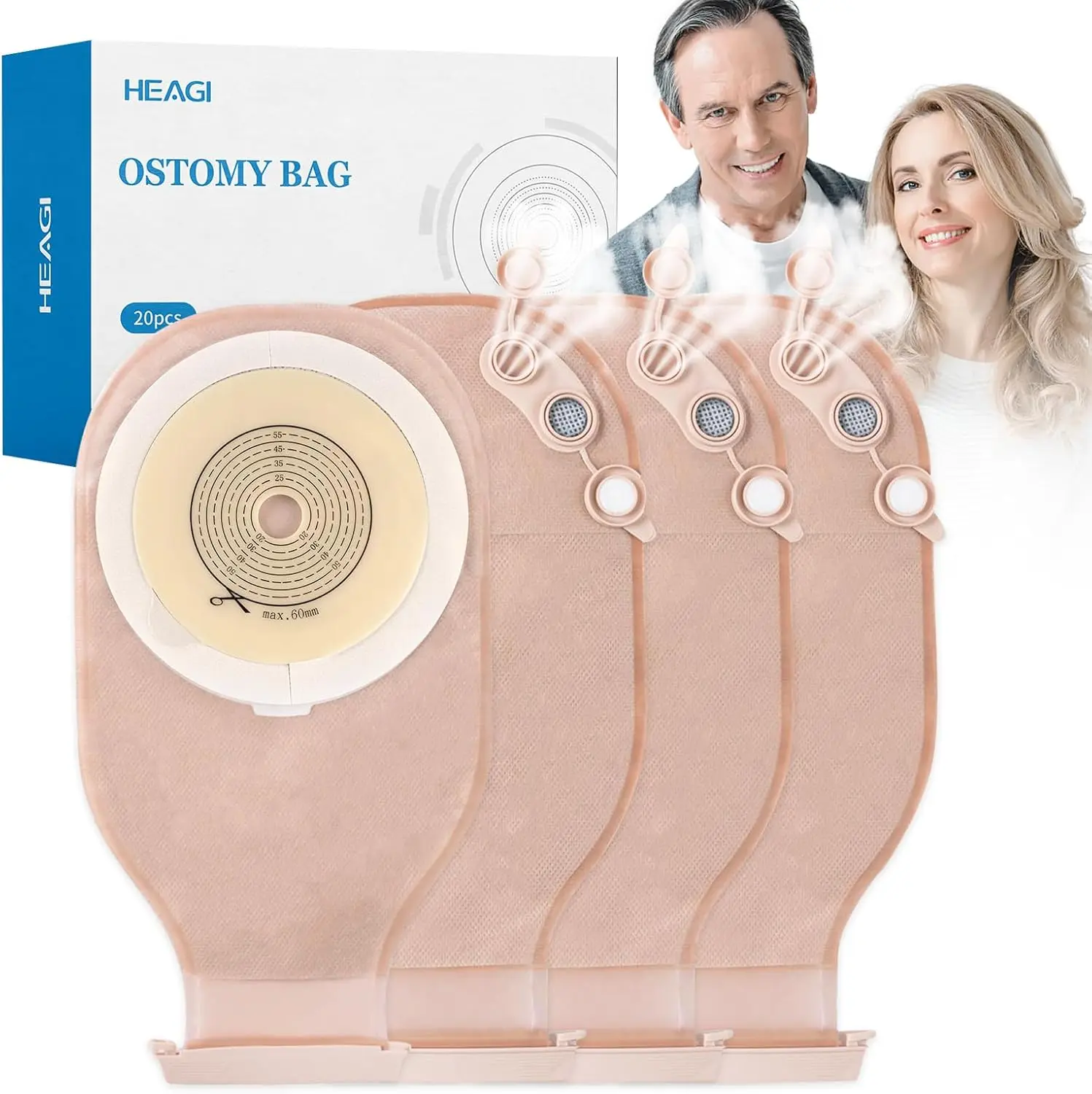 20 PCS Colostomy Bags, 15 mm-60 mm Ostomy Bag with Exhaust and Deodorising Holes Closure for Ileostomy Stoma Care, One Piece Ostomy Bag, Ostomy Supplies (Including 20 Aromatherapy Tablets)