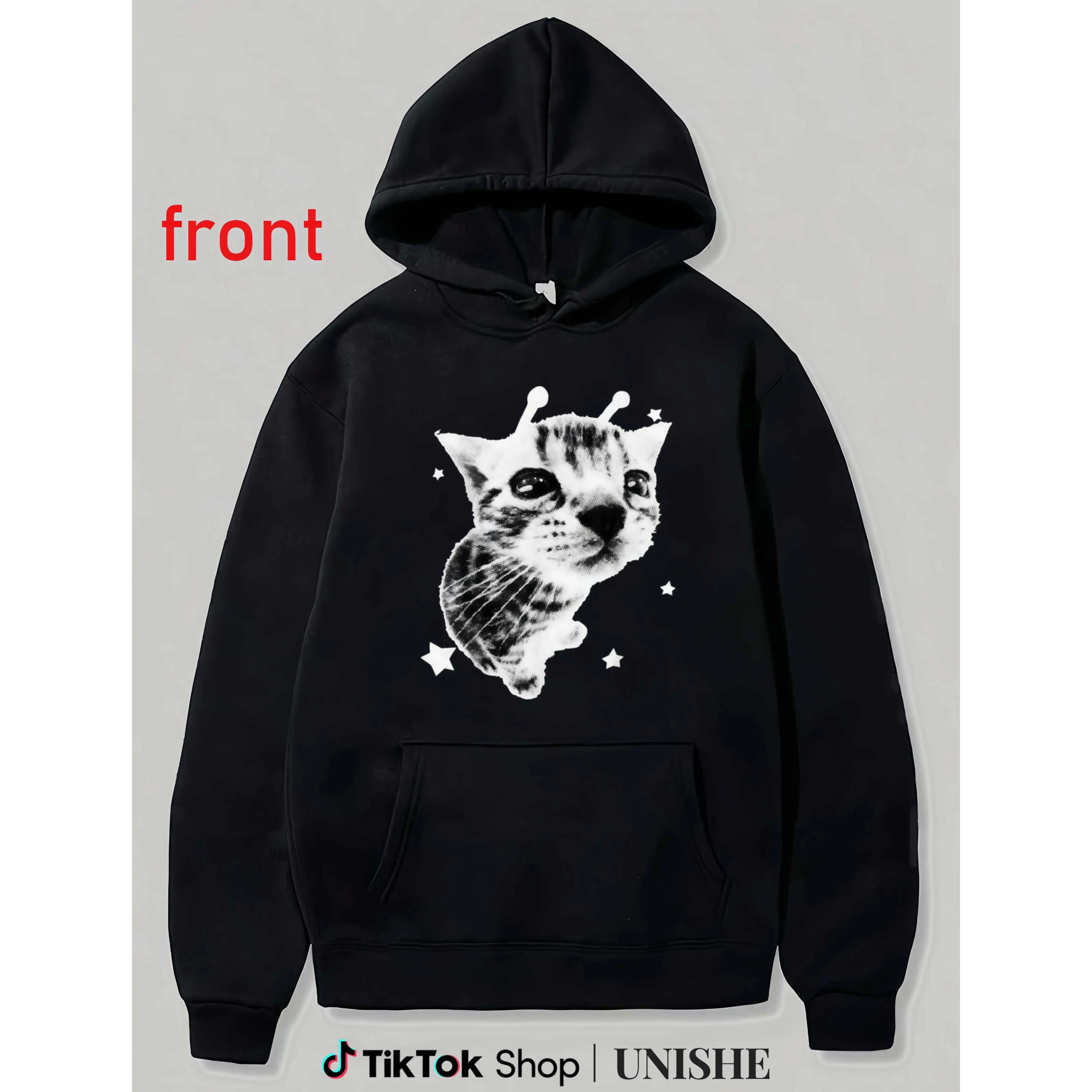 LoomLab OutfittersVintage Y2K Alien Cat Graphic Hoodie Funny Space Kitty Meme Pullover Retro Streetwear Casual Unisex Long Sleeve Cozy Everyday Wear Trendy Fashion Gift for Cat Lovers Men Women