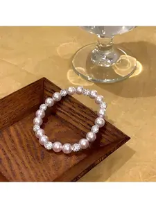 Sparkling Pink Pearl & Zircon Ball Bracelet, Elegant Round Pearl and Rhinestone Beaded Stretch Bangle, Versatile Accessory for All Occasions