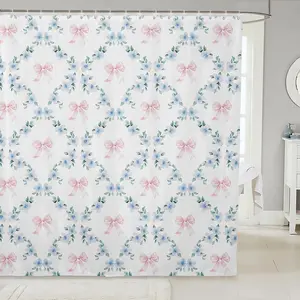 Pink Kawaii Ribbon Bow Shower Curtain for Kids Girls Teen Adults,Blue Flowers Plaid Bowknot Bath Curtain, Cute Girly Bow Bathroom Curtains