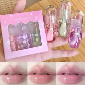Mother's Day Gift 3 Pcs Hydrating Lip Oil Set, Cute Fruit-Flavored Plumping Lip Oil, Long Lasting Lip Glow Balm Lip Care, Transparent Moisturizing Lip Gloss for Kids and Teens, Kid Friendly, Party Gift